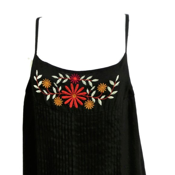 Roper Cami Dress Floral Embroidery Pintuck Front Sheath Black India M - Picture 5 of 9